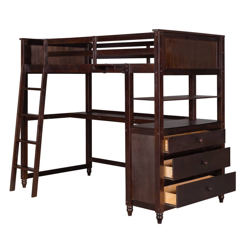 Wood Loft Bed Twin Size, Twin High Bed Frame w/Built-in Desk & Drawers