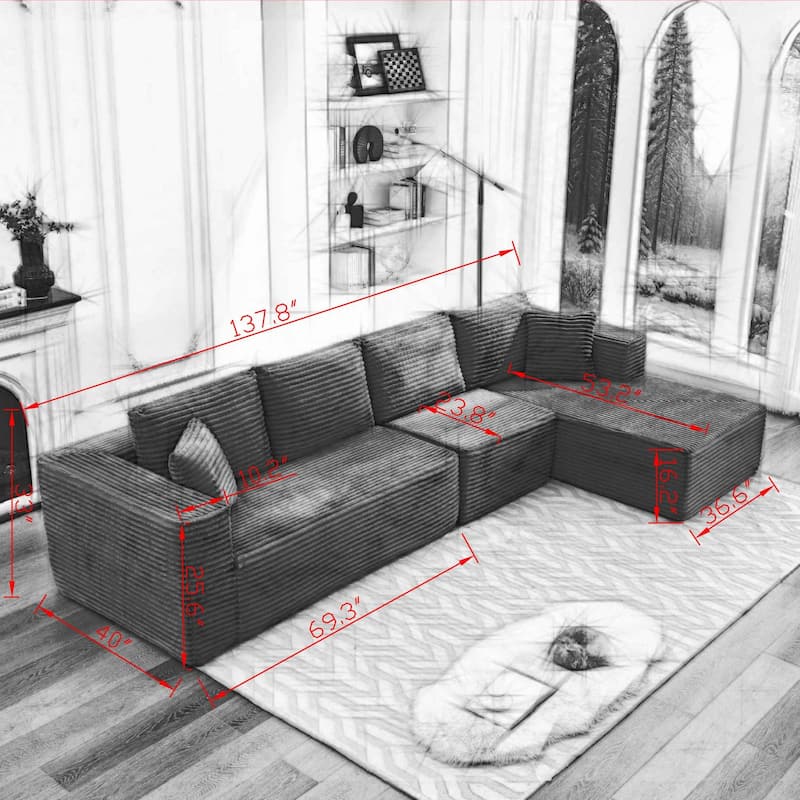 106" Cloud Sectional Couch L-Shape With Right Facing Chaise,Deep Seat Modern Modular Sofa For Living Room,No Assembly Required