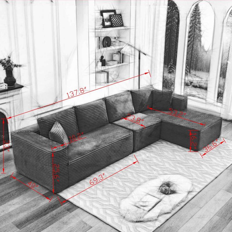 Modular Sectional Sofa with L-Shape Chaise, Oversized Corduroy Upholstered Cloud Sofa, Deep Seat Sofa with 2 Throw Pillows