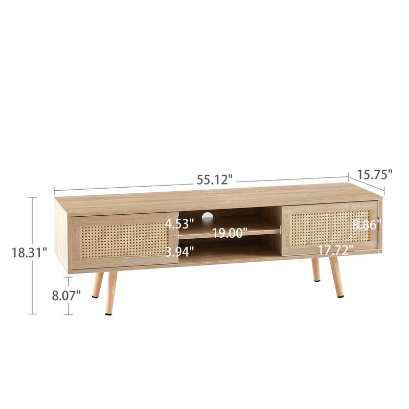 55" Rattan TV Stand with Sliding Doors, Mid Century Media Console with Adjustable Shelf & Solid Wood Legs for Living Room