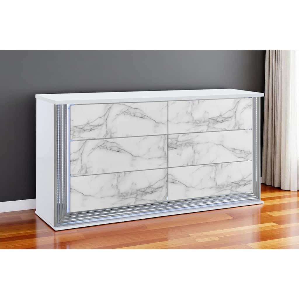 HomeRoots 61" White Faux Marble And Wood Lighted Six Drawer Double Dresser