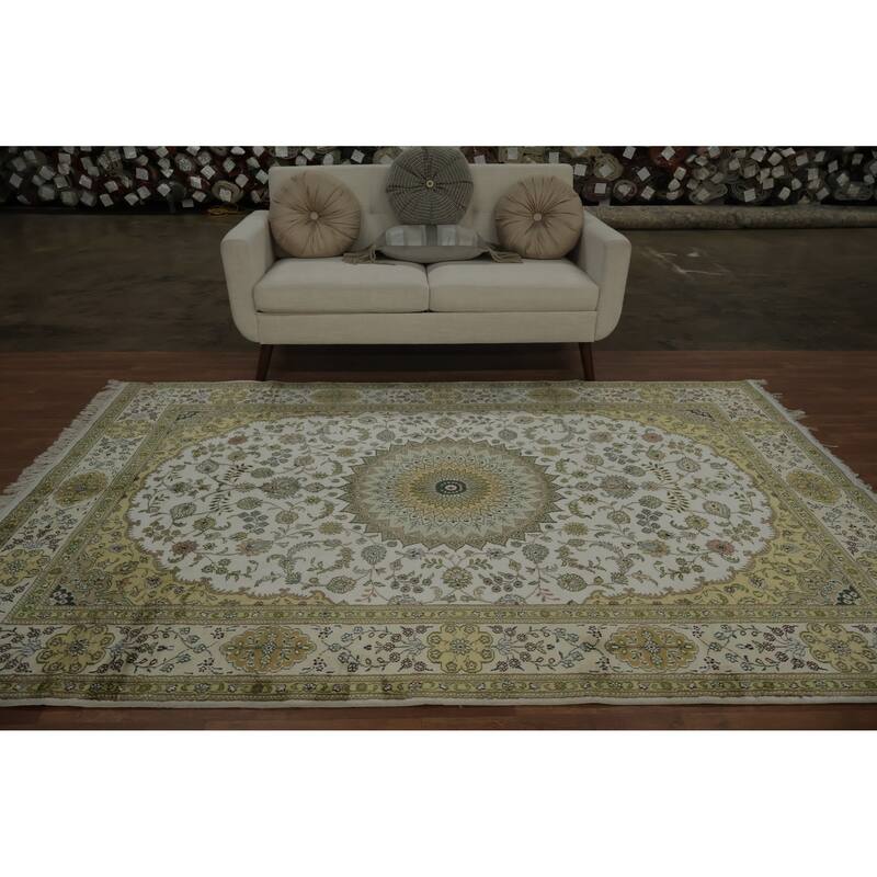 Hand Knotted Oriental Silk Carpet Traditional Floral Beige & Ivories Kashmir Area Rug - 8' 11'' X 5' 11''