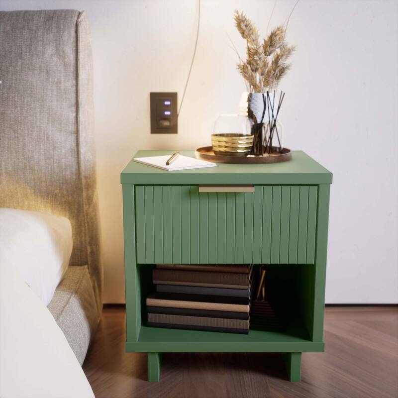 Sage Green Nightstand with Gold Handle & Ribbed Drawer - Modern Design