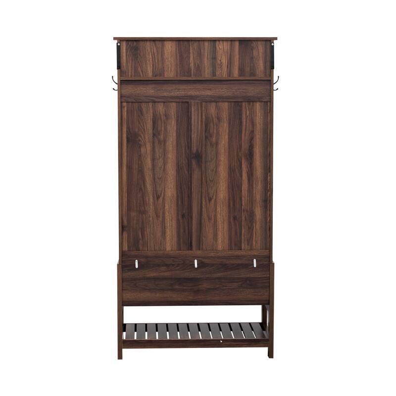 3-in-1 Design Hall Tree with 6 Hooks and Hinged Lid，Entryway Bench with Coat Hanger