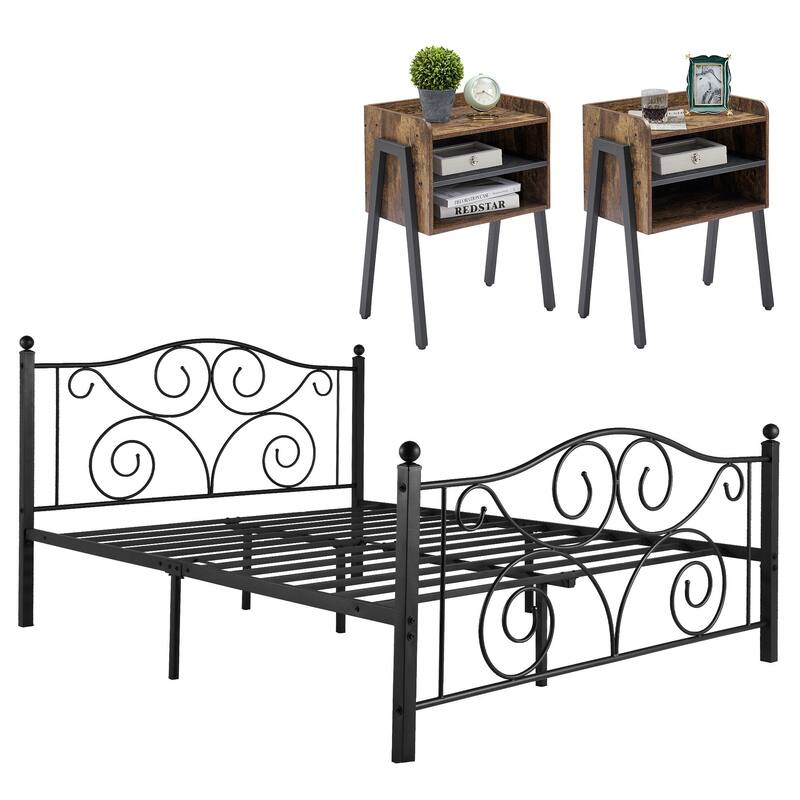 Taomika 3-Pieces Bedroom Sets with Black Bed Frame - Brown Nightstands - Full