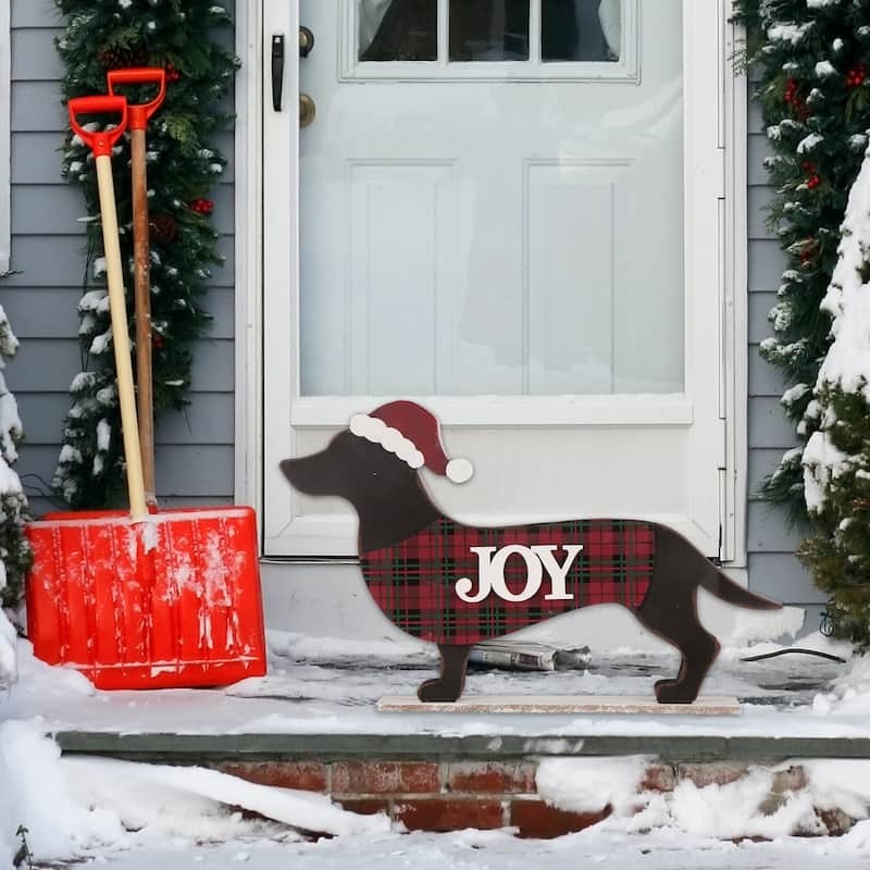 Glitzhome Wooden Christmas Double Sided Dachshund Porch Sign Decor