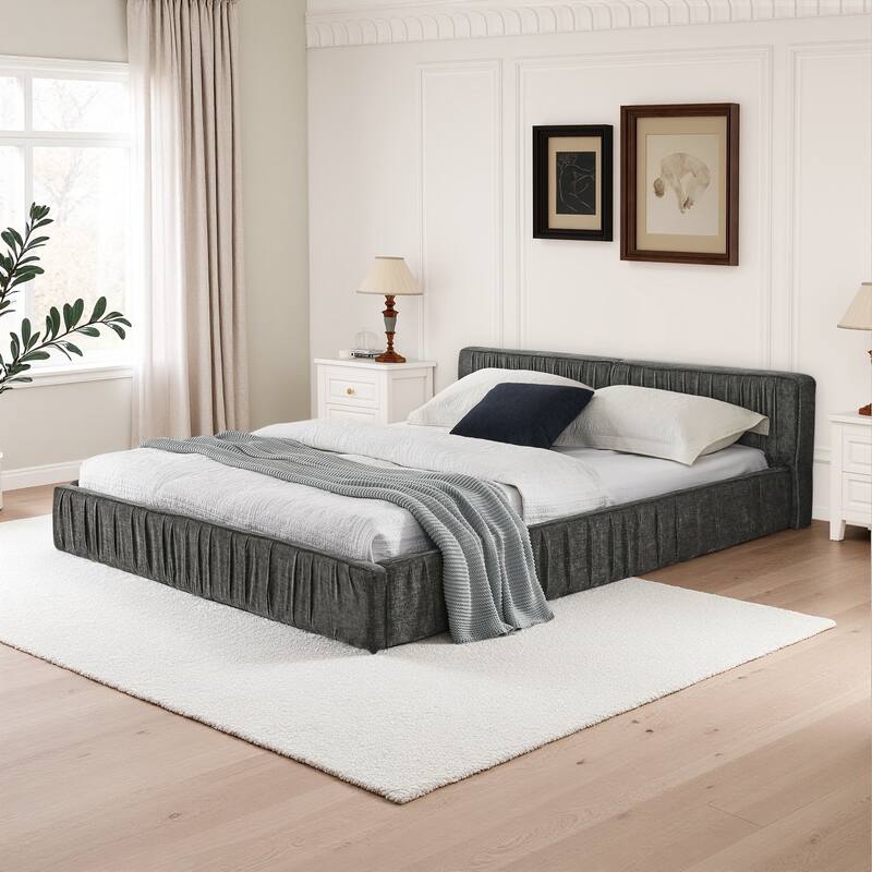 Queen Size Upholstered Bed Frame Chenille Platform Bed with Headboard and Solid Frame