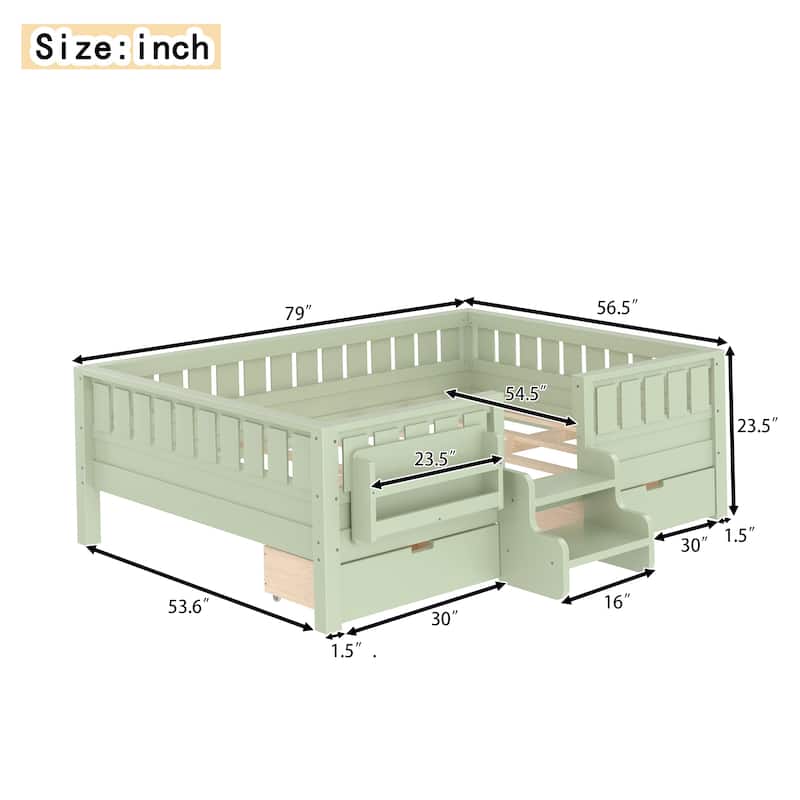 Multiple Colors Toddler Montessori Bed Children's Platform Bed with Low Profile Stairs, Built-in Bookshelf and Storage Drawers