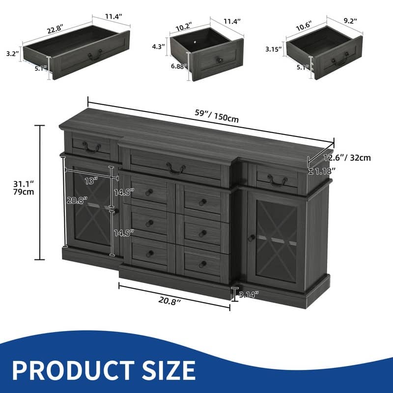 Moasis 59" Farmhouse Coffee Bar Cabinet Buffet Cabinet Sideboard Cabinet With 9 Drawers & Adjustable Shelving