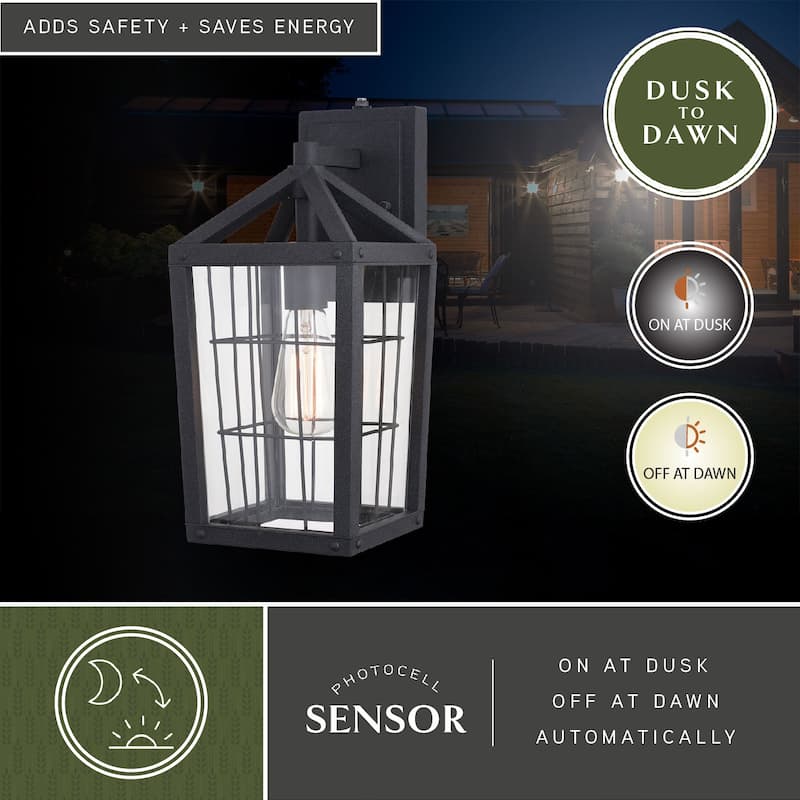 Gage 7-in Black Outdoor Farmhouse Wire Cage Wall Lantern, Dusk to Dawn 1-Light Wall Lamp Sconce with Clear Glass Panels