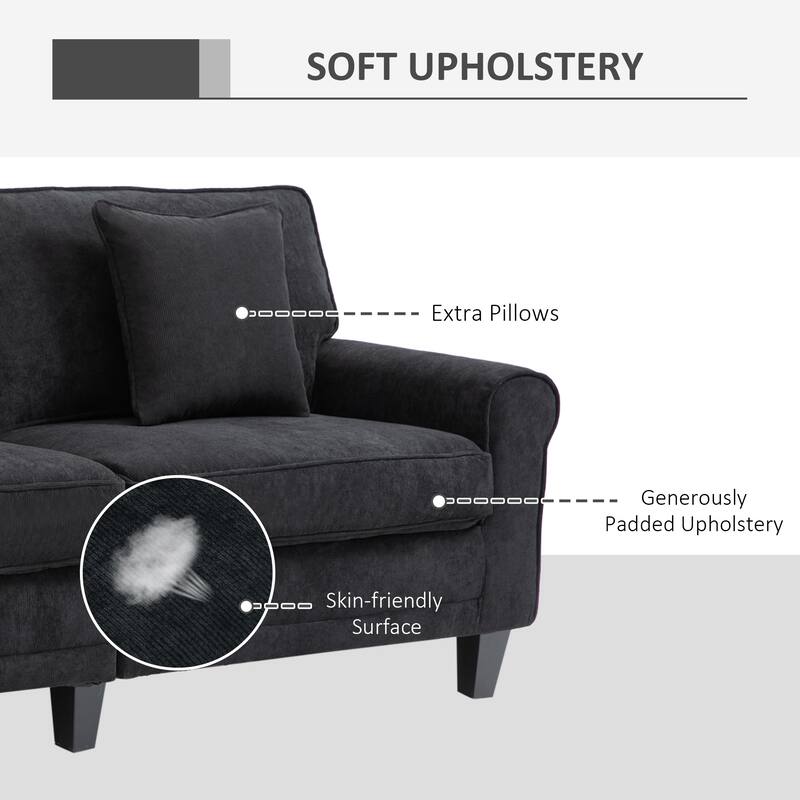 HOMCOM Modern Classic 3-Seater Sofa Corduroy Fabric Couch with Pine Wood Legs, Rolled Arms for Living Room, Black