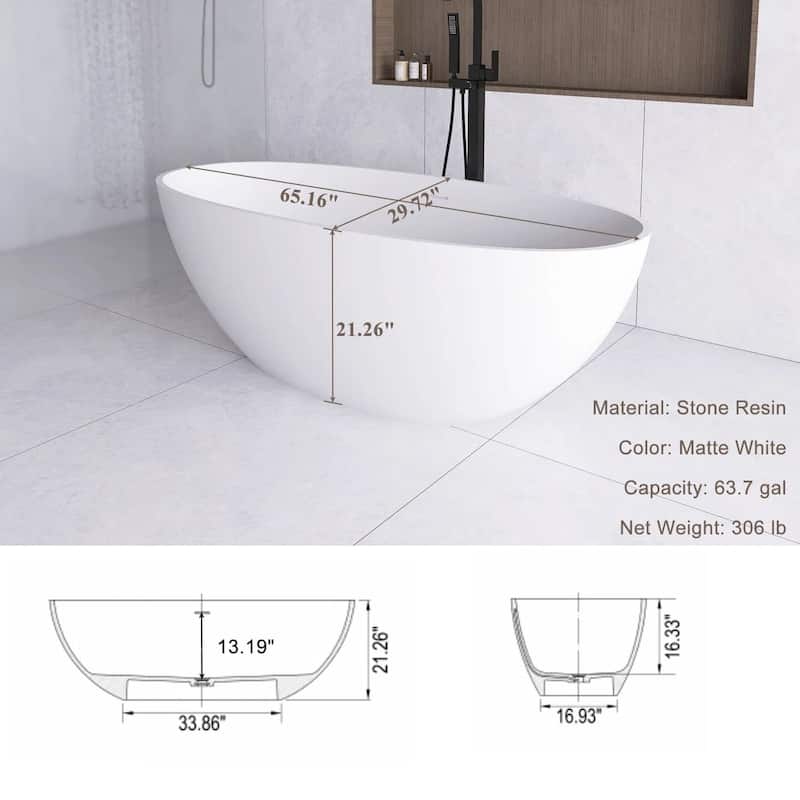 65" x 30" Solid Surface Freestanding Bathtub in Matte White - 65" x 30"