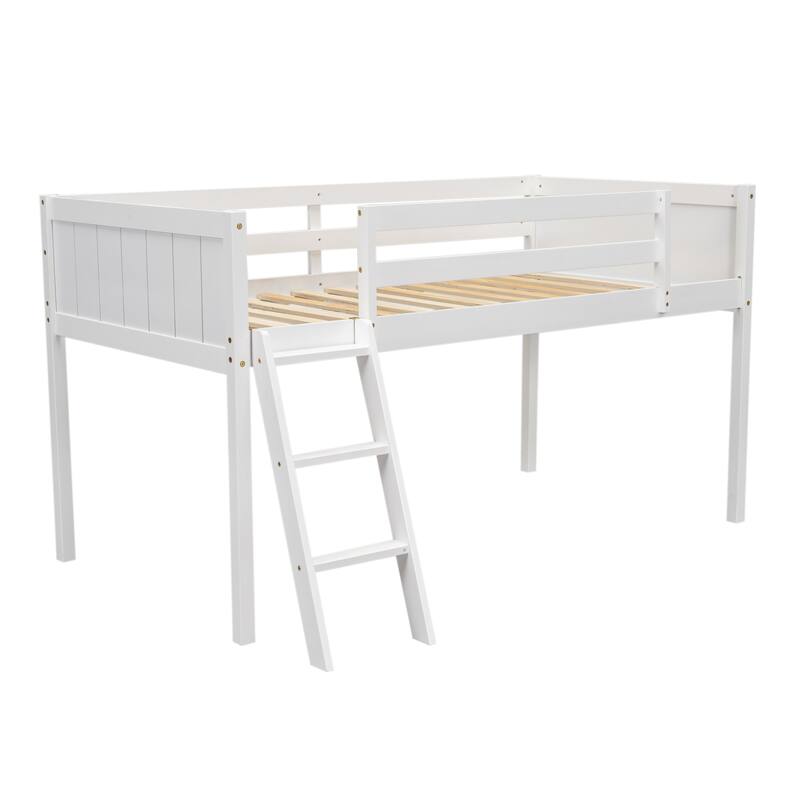 Twin/Full Size Low Loft Bed with Convertible Ladder, Sturdy Wood Frame, and Guardrails
