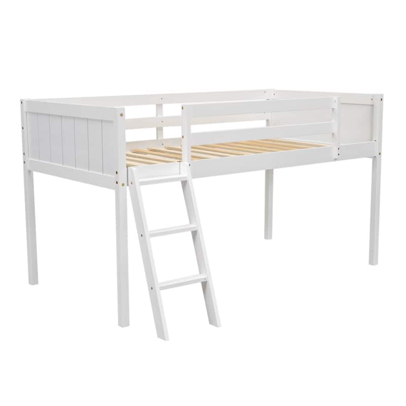 Twin Size Loft Bed with Ladder, Pine Wood Frame, Convertible Ladder Placement, Guardrails, and No Box Spring Required