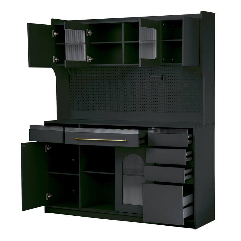 Roomfitters Freestanding 63" Buffet with Hutch and Power Outlet, Coffee Bar Storage Cabinet