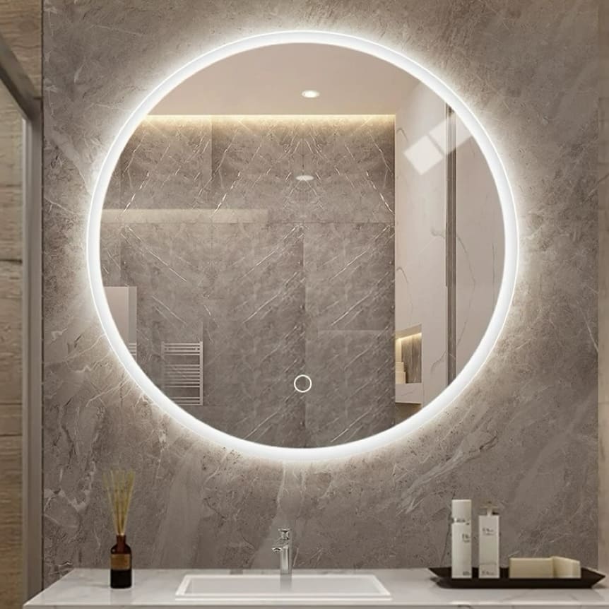 Round LED bathroom mirror, with light wall-mounted makeup mirror, with adjustable color temperature, and dimming function