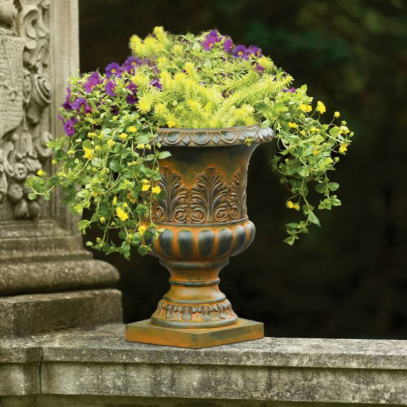 Handmade Weathered Brown Fiber Stone Tall Urn Planter Pots - 19.9" H x 15.9" Diameter