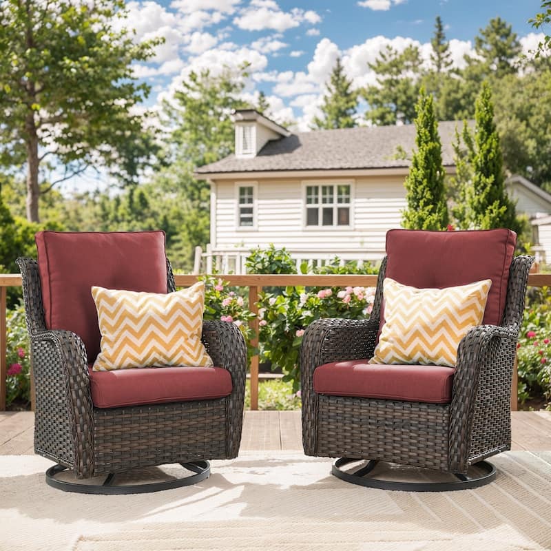 Gymojoy Wicker Swivel Glider Chair Outdoor Rocking Seating with Olefin Cushions - Brown Wicker / Red Cusion - 2-Piece