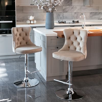 Swivel Counter Height Bar Stool Adjustable Height Barstool w/ Tufted High Back & Nailhead Trim, Khaki Velvet Padded Stool, 2Pc