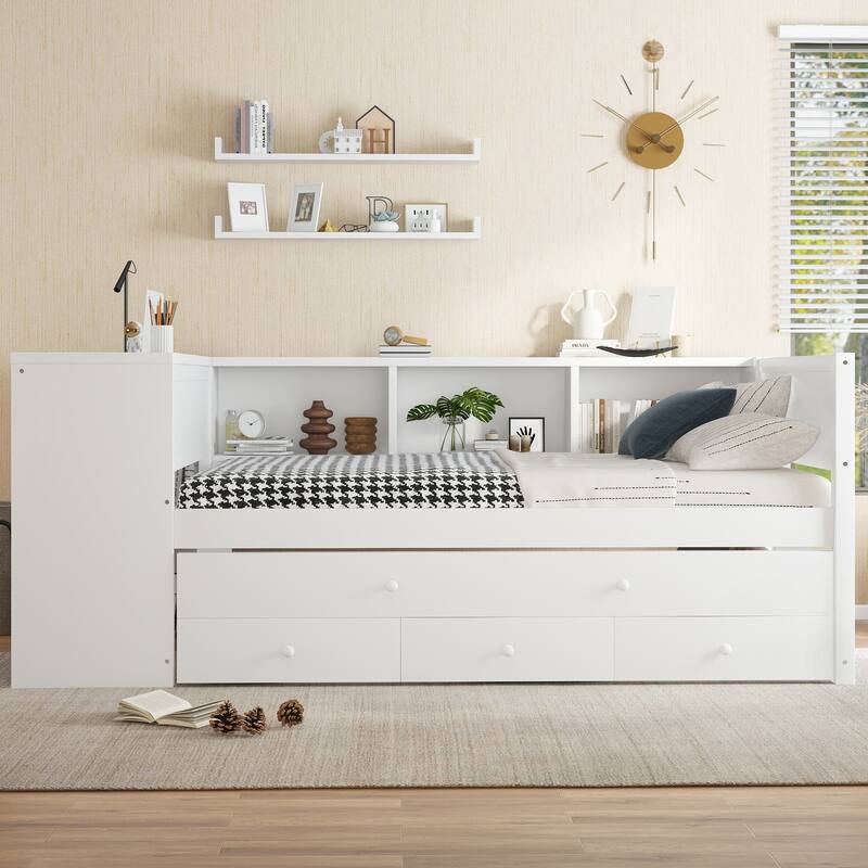 Wooden Daybed Frame with Pull Out Trundle and 3 Drawers, Platform Sofa Bed with Built In Desk and Shelves, No Box Spring Needed - White - Twin