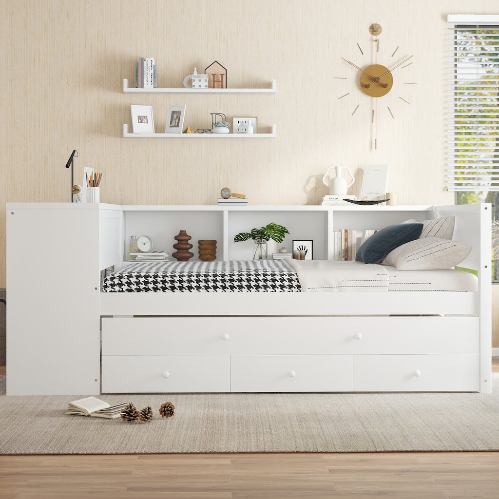 Wooden Daybed Frame with Pull Out Trundle and 3 Drawers, Platform Sofa Bed with Built In Desk and Shelves, No Box Spring Needed