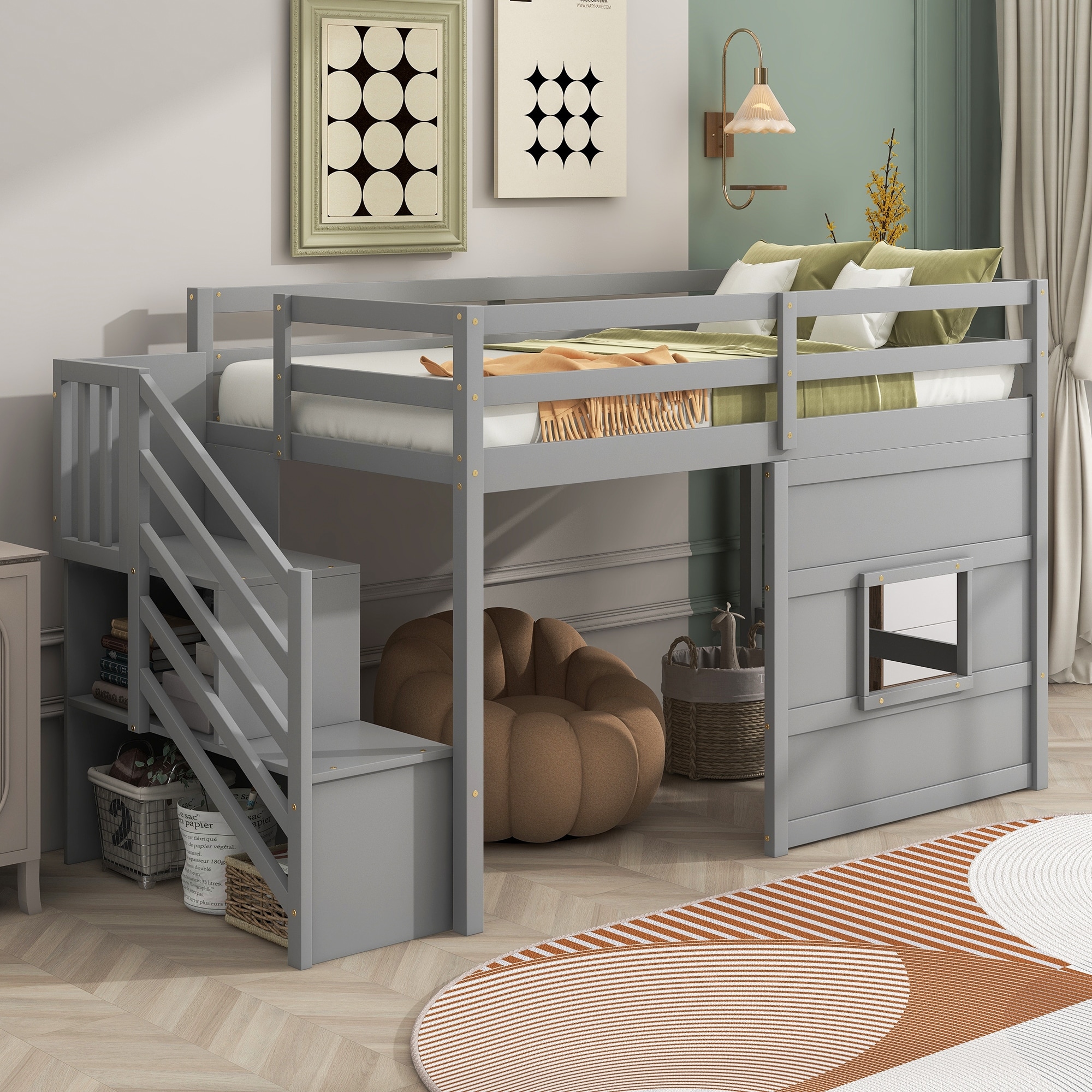 Twin Low Loft Bed with Storage Staircase Window Wooden Loft Bed Frame for Kids Teens Boys Girls No Box Spring Needed Grey Bed Bath Beyond 39139378