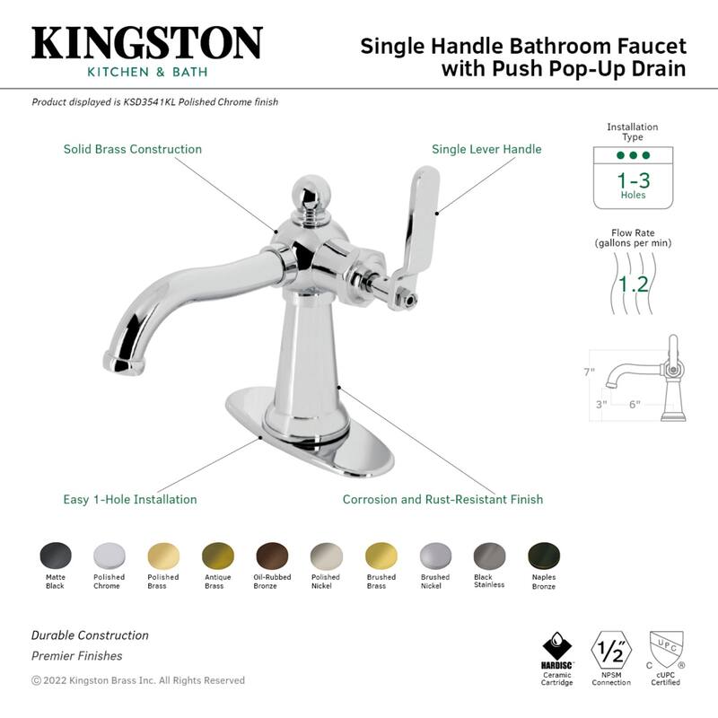 Kingston Brass Knight Single-Handle 1-Hole Deck Mount Bathroom Faucet with Push Pop-Up and Deck Plate