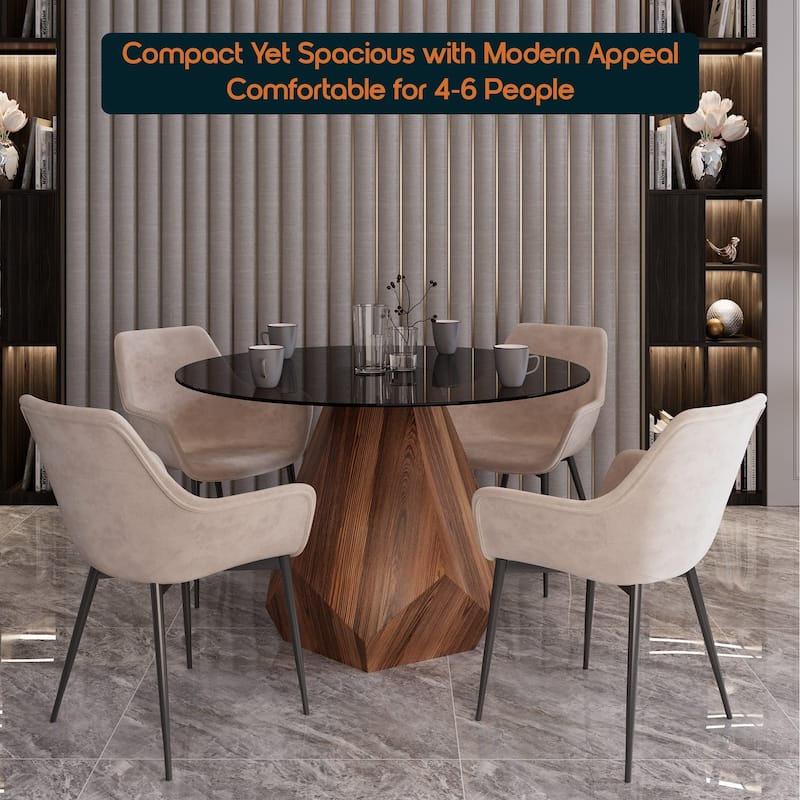 Nebo Round 47" Tempered Glass or Sintered Stone Top Dining Table with Geometric Design Ashwood Pedestal Base Kitchen Table