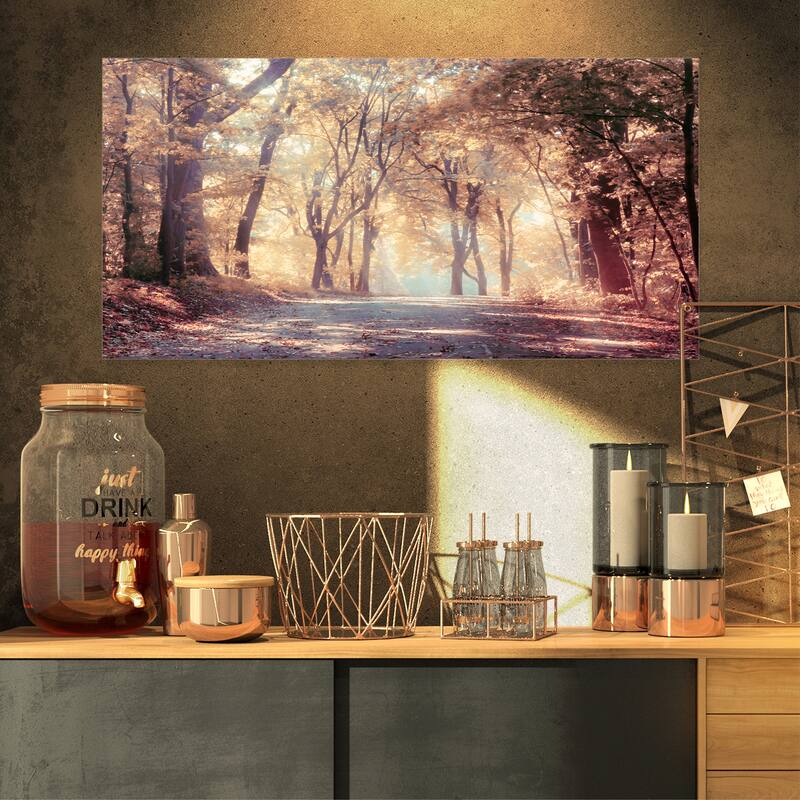 Designart "Golden Autumn Beautiful Forest" Landscape Artwork Canvas Print - 32 in. wide x 16 in. high - 1 Panel