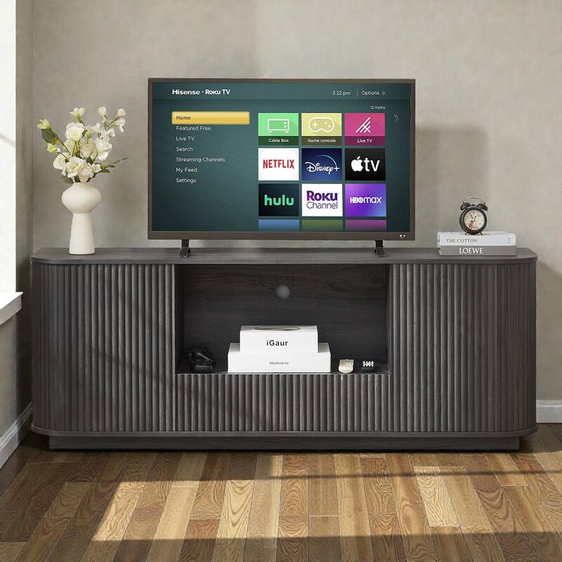 64'' Modern Wavy TV Stand with Rounded Corners, Wooden Stripe Storage Cabinet for Living Room, Bedroom or Entryway - Black