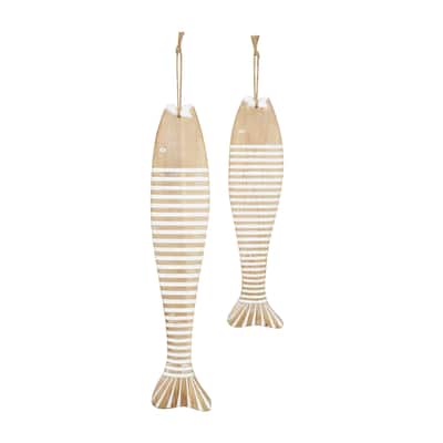 Wood Fish Home Wall Decor with White Stripes and Hanging Rope - Set of 2 Brown - Roche River Decor