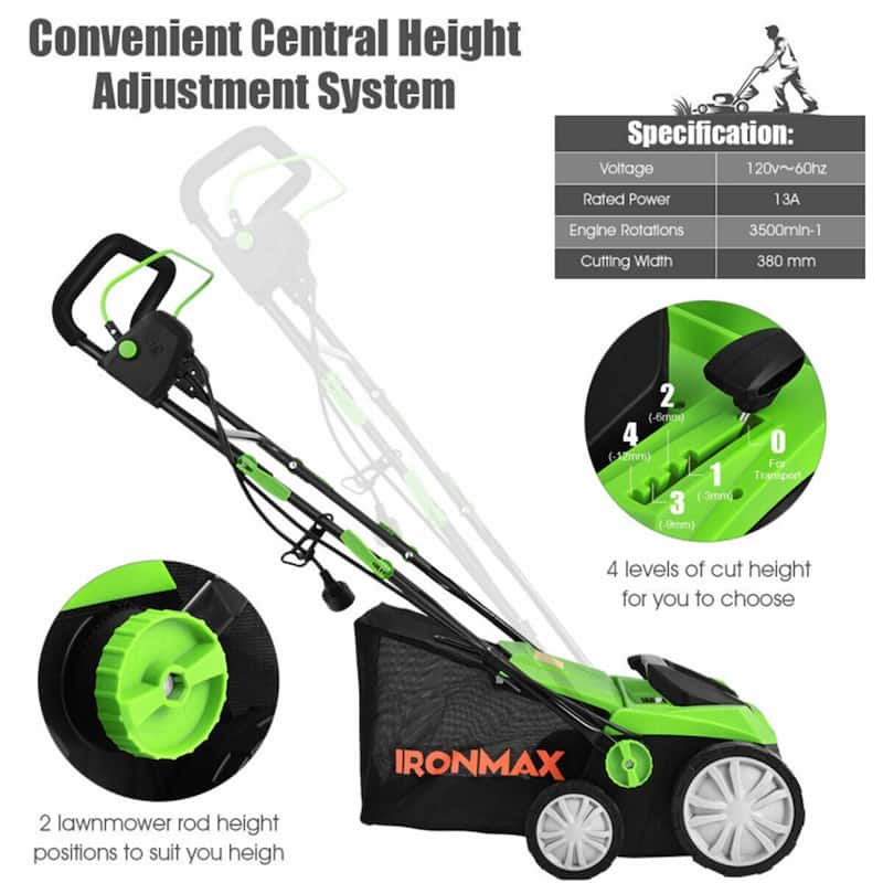 13-AMP Corded Electric Scarifier & Dethatcher 15" Cutting Width with 50L Grass Collection Bag - 49'' x 23'' x 34''
