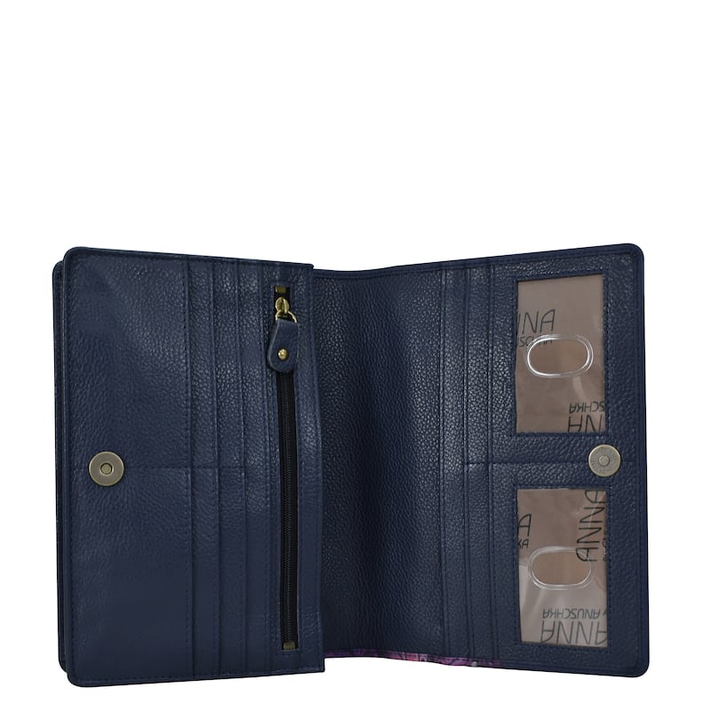 Handpainted Leather Ladies Two Fold Wallet On a String - Magical Wings Navy