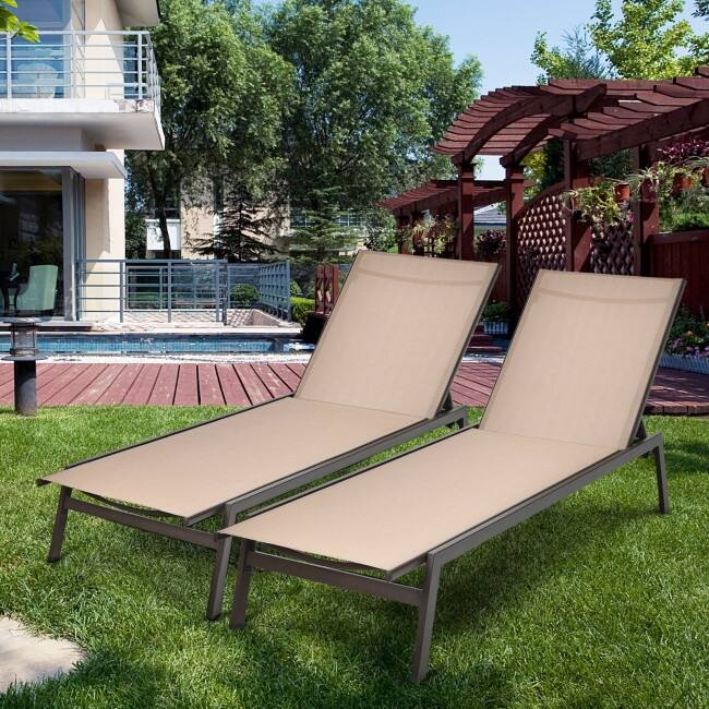 Outdoor Reclining Chaise Lounge Chair with 6-Position Adjustable Back - 64"- 79" x 25" x 38" - 12" (L x W x H)