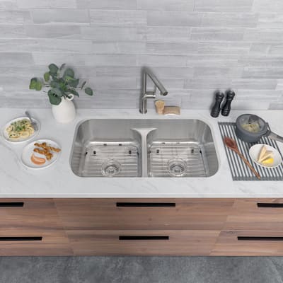 Dual Mount 32" Stainless Steel Double-Bowl Kitchen Sink S-202XTG - 32 1/4" x 18 7/8" x 8 1/2"