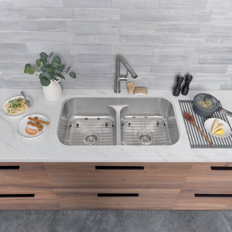 STYLISH 32.25 inch Low Divider Double Bowl Undermount and Drop-in Kitchen Sink - 32.25" x 18.9" x 9"