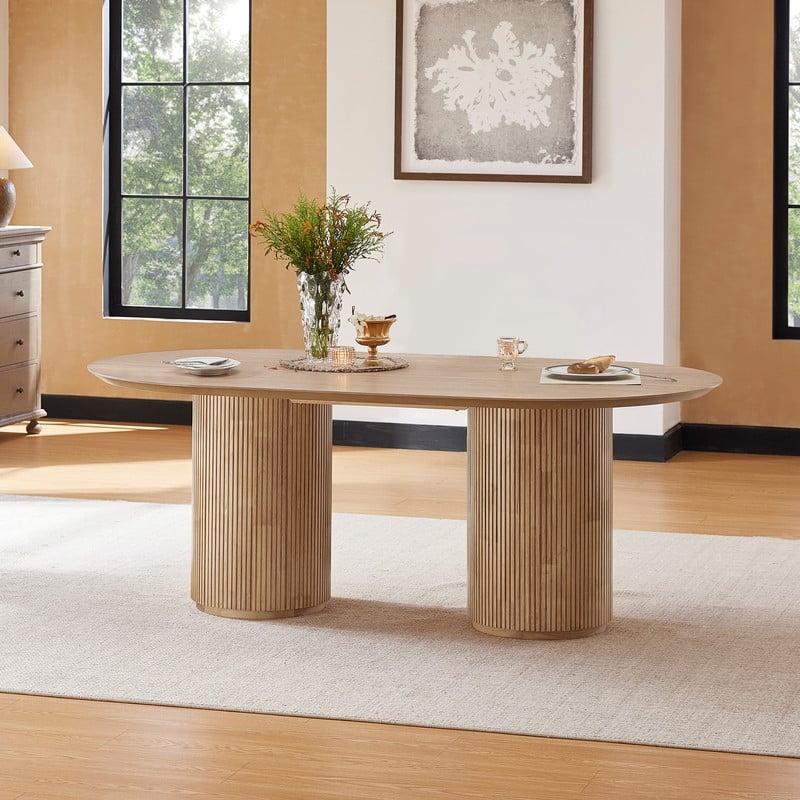 Spruce & Spring 78 inch Large Oval Formal Dining Table for 6-8 with Greek Column Leg - Oak
