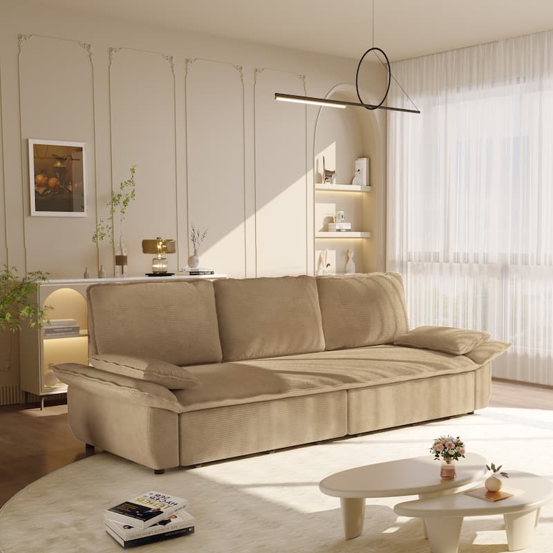 94.5" King Size Pull Out Sofa Bed, 3-in-1 Convertible Sleeper in Corduroy Fabric, Sofa Bed - Camel