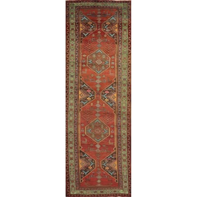 Hand Knotted Oriental 100% Wool Carpet Traditional Tribal Oranges & Rust Heriz Runner Rug - 12' 5'' X 3' 6''