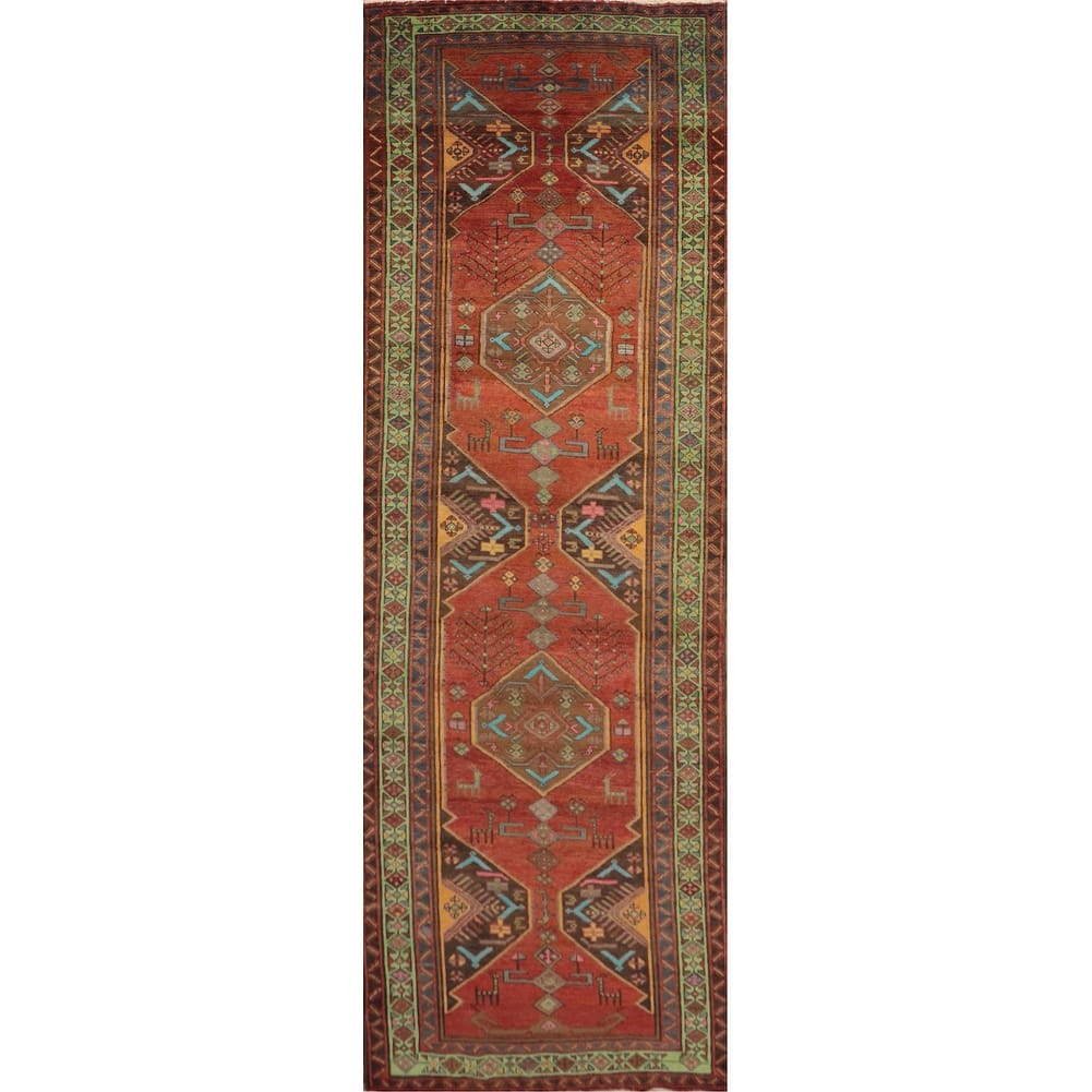 Hand Knotted Oriental 100% Wool Carpet Traditional Tribal Oranges & Rust Heriz Runner Rug - 12' 5'' X 3' 6''