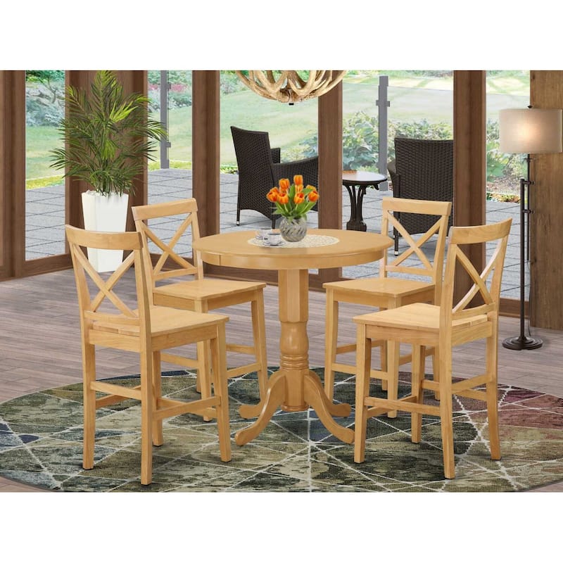 HomeStock 5-Piece Round Natural Oak Finish Solid Wood Top Dining table with 4 Chairs with Lattice Back
