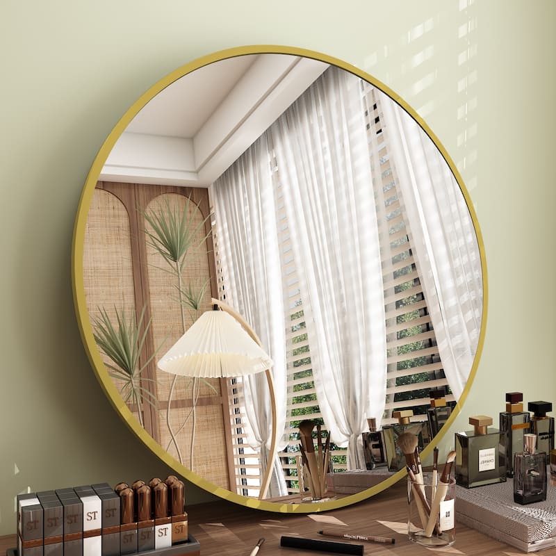 KIOTEE Full Length Round Aluminum Alloy Framed French Cleat Mounted Wall Decor Bathroom Vanity Mirror with 5-Year Warranty - 18x18 - Gold
