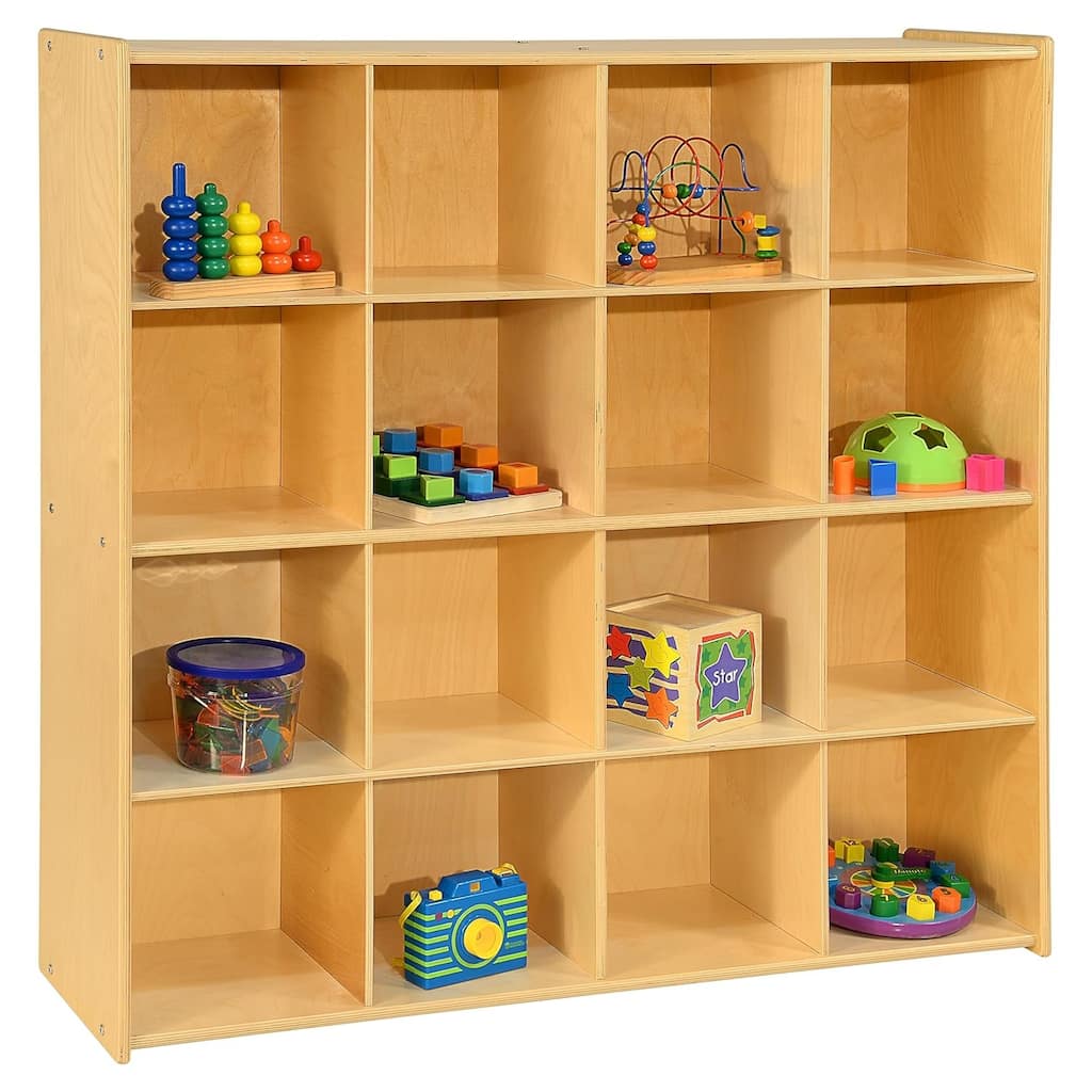 Contender 16 Section Storage Cabinet, Sturdy Birch Wood Montessori Shelves for Mobile Storage of Toys, Craft Supplies