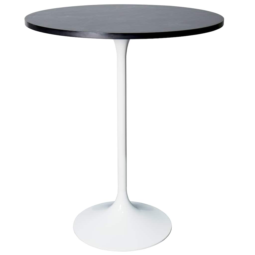 LeisureMod Verve 27" Bar Dining Table with Sintered Stone Round Top in White Steel, White Marbleized