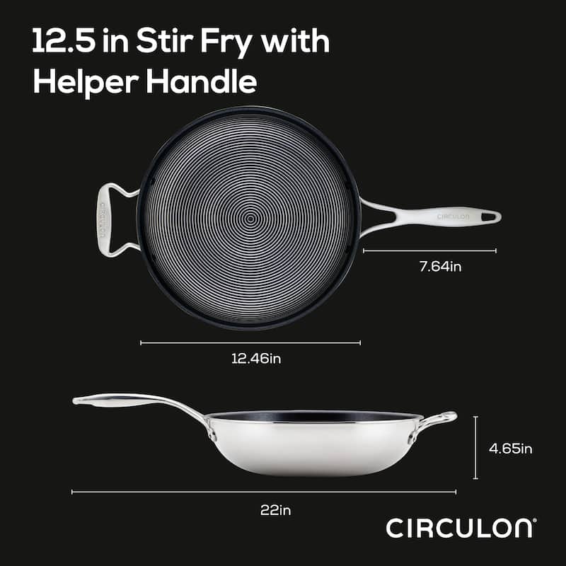 Circulon Clad Stainless Steel Induction Stir Fry Pan with Hybrid SteelShield and Nonstick Technology, 12.5-Inch, Silver