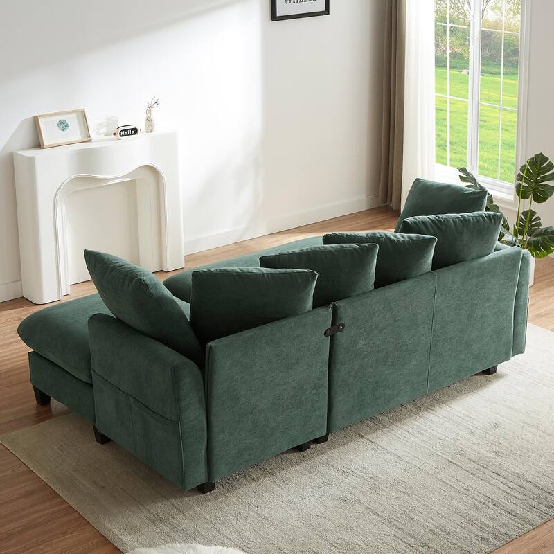 83" L-shaped Sofa with Storage, Ottoman, 6 Pillows, Green Chenille