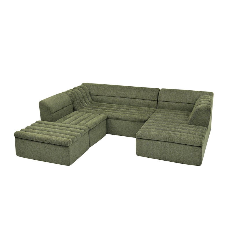 Modular Deep Seat Couches Chenille U-shaped Sleeper Sectional Sofa with Chaise, Ottoman and Wave-Shaped Armrest
