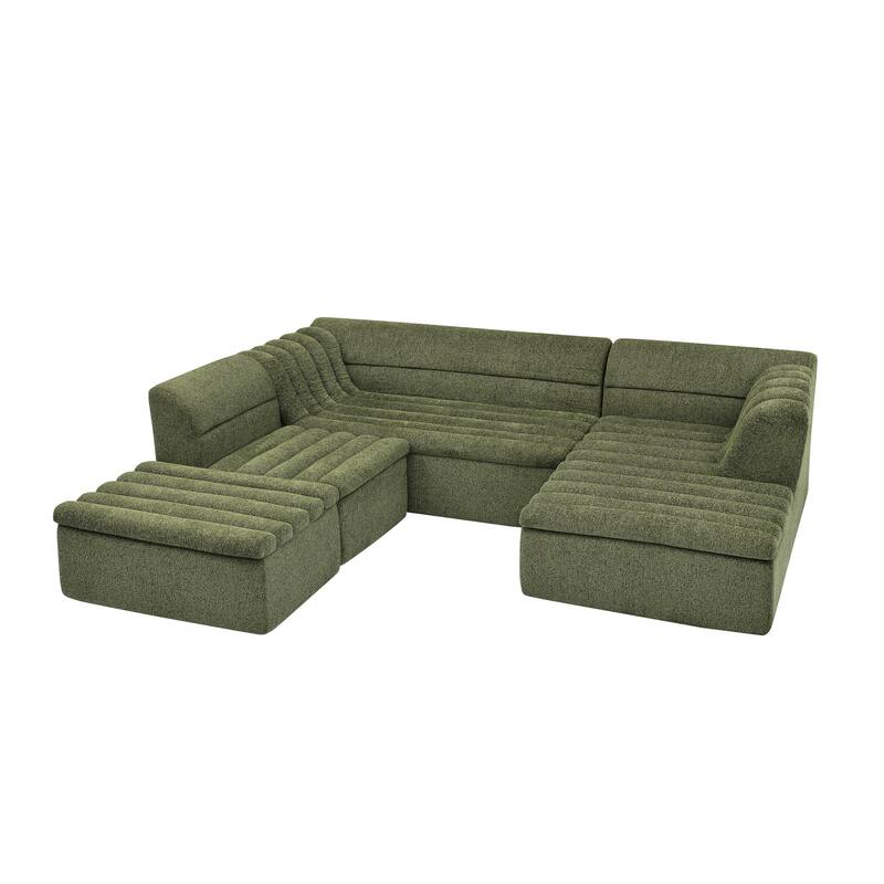 Roomfitters U-Shaped Modular Sectional Sofa with Chaise and Movable Ottoman, Chenille Upholstery and Wave-Shaped Armrest
