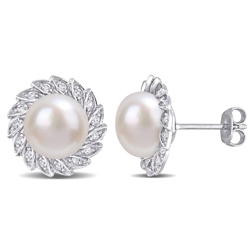 Miadora Cultured FW Pearl & Created White Sapphire Halo Stud Earrings in Sterling Silver (9.5-10mm)