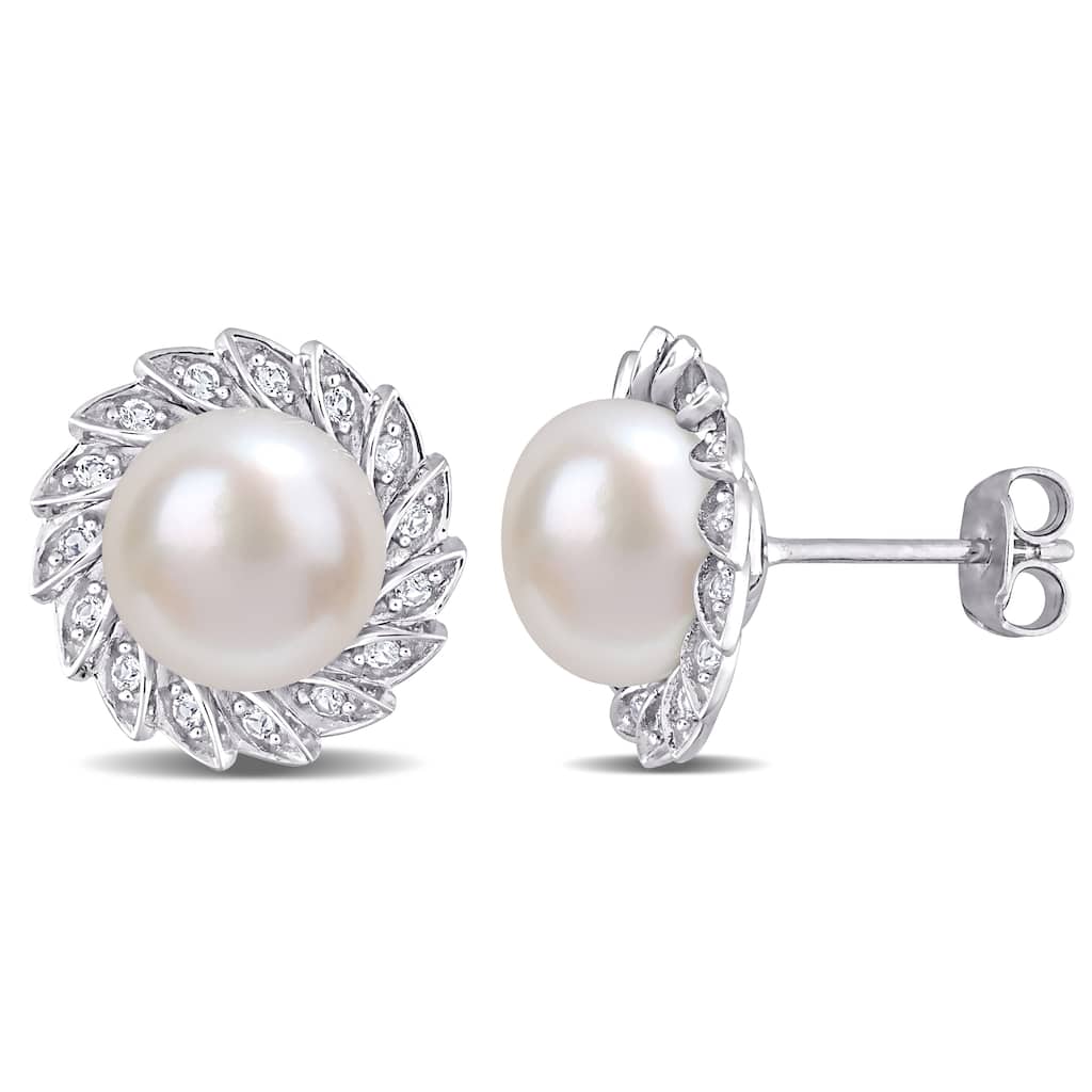 Miadora Cultured FW Pearl & Created White Sapphire Halo Stud Earrings in Sterling Silver (9.5-10mm)